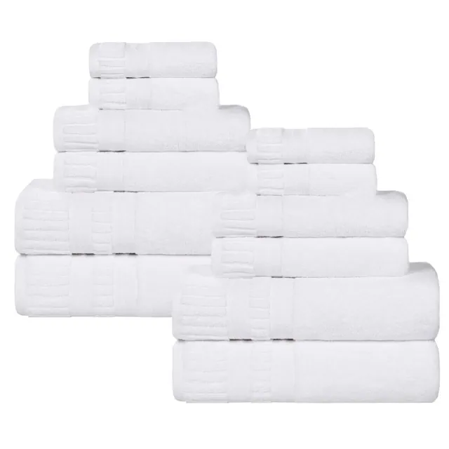 Ribbed Textured Border Zero Twist Cotton Medium Weight 12 Piece Towel Set, White - Blue Nile Mills