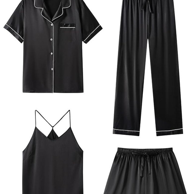SAPJON Silk Pajamas for Women Set 4Pcs Ruffled Satin Pajamas Set Button Down Short Sleeve Cami Shorts Sleepwear Pj Set