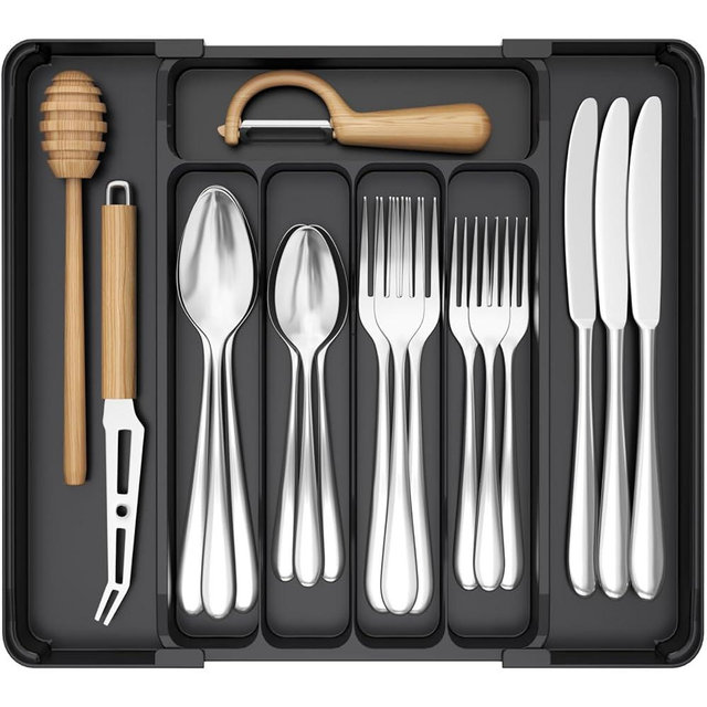 Lifewit Silverware Organizer for Drawer, Expandable Utensil Tray, BPA-Free Adjustable Cutlery Holder for Kitchen Storage, 8.1-13.9 x 11.3, Black