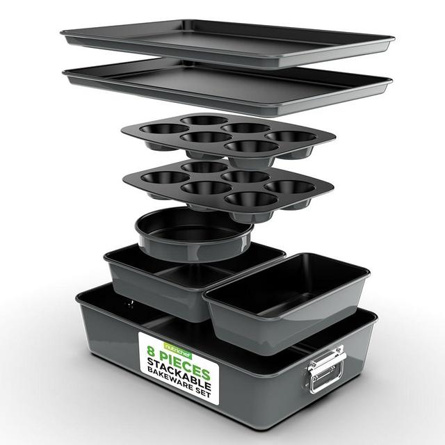 NutriChef 8-Piece Nonstick Bakeware Set - Baking Tray Set with Non-Stick Coating, Sheet Pan, 6 Cups Muffin Pan, Round Cake Pan, Loaf Pan, Square Cake Pan, Deep Baking Pan, 450°F Oven Safe (Gray)