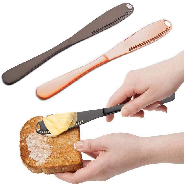 Aulpon Butter Knife Stainless Steel Spreader 2 pack Multi-function 3 in 1 Kitchen Gadgets Professional Chef Slicer(Black and rose gold)