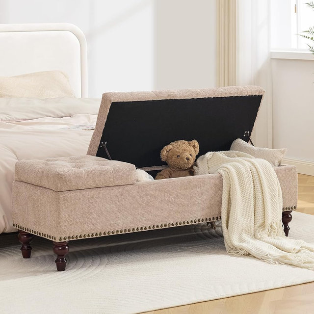 obmedin 55 Inch Upholstered Storage Ottoman Bench, Tufted End of Bed Bench with 2 Compartments and Nailhead Trim, Large Entryway Seating and Living Room Coffee Table, Light Brown Fabric