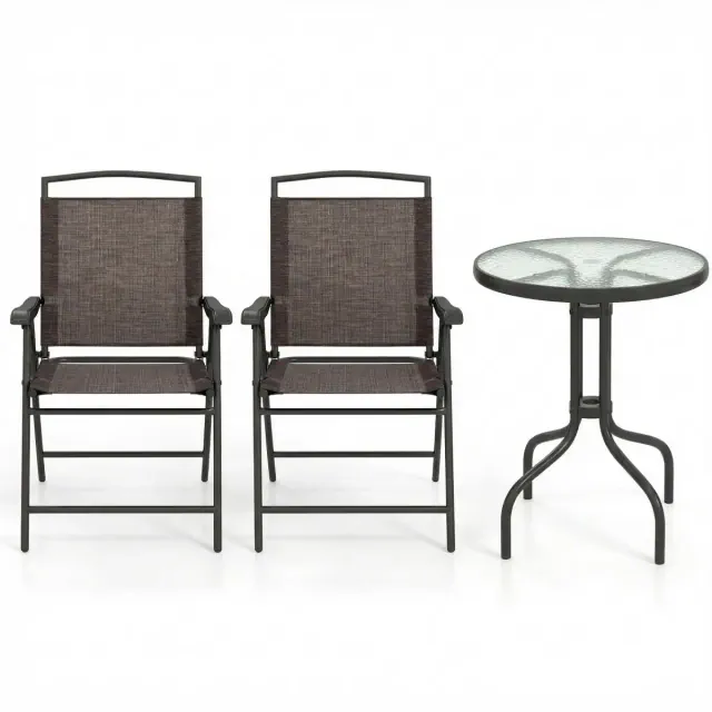 Gymax 3-Piece Outdoor Bistro Patio Set w/ Rippled Tempered Glass Table 2 Foldable Steel Frame Chairs Adjustable Foot Pads for Garden Porch Yard