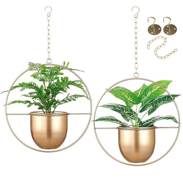2 PACK Eco Joy Boho Metal Hanging Planters with POT 6" (Removable) + HOOK + CHAIN | Hanging Planters Indoor, Modern Wall & Ceiling Planters, Gold Planter for Indoor & Outdoor, Gold Pot, NO Plant incld