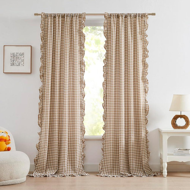 ZJDECOR 90 Inch Brown Buffalo Plaid Crinkle Curtains with Pretty Ruffle Edges,Neutral Farmhouse Not-See-Through Sheer for Bedroom Living Room,Rustic Window Treatment,Rod Pocket,40" Wx90 L(Pack of 2)