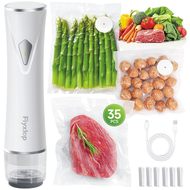 Fiyxlop Handheld Vacuum Sealer, Premium Vacuum Sealer for Food + 35 Reusable Sous Vide Bags, Powerful Vacuum Food Sealer for Kitchen, Home, BBQ, Travel
