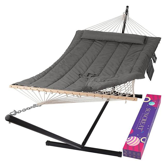 SUNCREAT Double Outdoor Hammock with Stand, Two Person Cotton Rope Hammock with Polyester Pad, Dark Gray