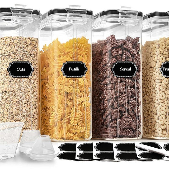 Cereal Containers Storage Set (4L / 135.2oz), 4PCS Airtight Food Storage Containers with Lids, Cereal Dispensers for Kitchen Pantry Organization and Storage with Pour Spout, 20 Labels, Marker