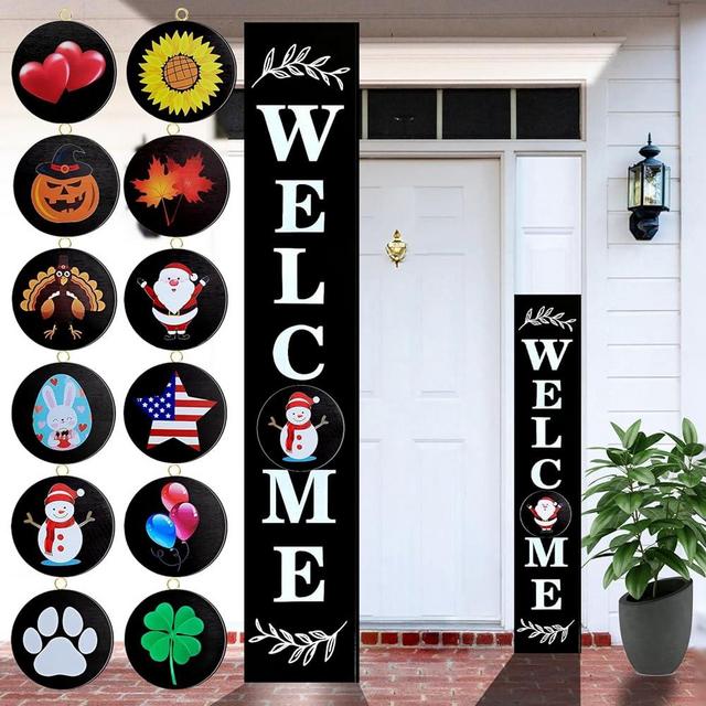 Consevisen Welcome Sign for Front Door Porch Standing, Interchangeable 47 x 7.9 Inch Outdoor Vertical Wooden Welcome Sign with 12 Seasonal Icons for Spring Fall Christmas Easter Farmhouse Home Decor