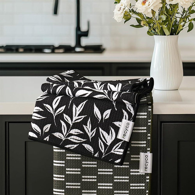 RECYCO Waffle Kitchen Towel Set of 2 - Quick Dry Microfiber Sustainable Dish Towels - Ultra Absorbent Reusable Cleaning Tea Towels - Lightweight Hand Towels,16”x 28”, Natural Rhythm