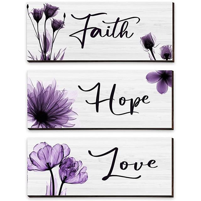 Shellwei 3 Piece Faith Love Hope Wall Decor Elegant Tulip Wooden Hanging Wall Plaque Rustic Wooden Wall Sign Flower Wall Art for Farmhouse Living Room Bedroom Office Decor (Purple,10 x 4 x 0.2 Inch)