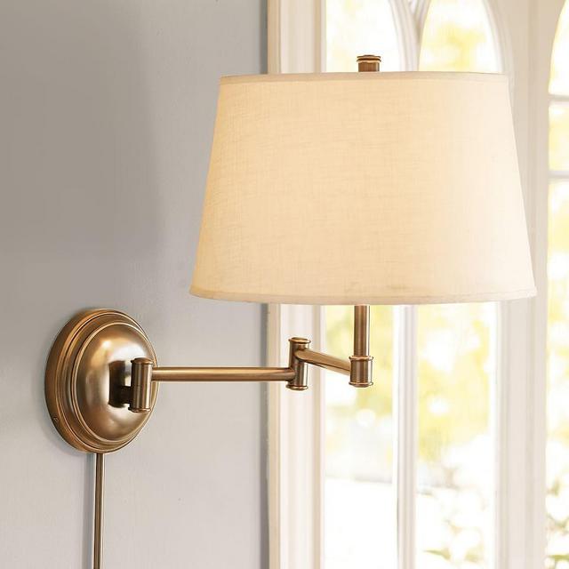 Chelsea Metal Swing-Arm Sconce, Aged Brass Base & Small Tapered Gallery Shade, White