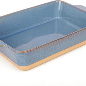 Casserole Dish for Oven, 4.2 QT Baking Dish, 9x13 Large Porcelain Baking Pan, Durable Rectangular Lasagna Pan Deep with Handles, Microwave Oven Safe, Home Decor, Wedding Gift, (Khaki & Blue)