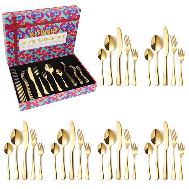 Gold Silverware Set, 30 Pieces Stainless Steel Gold Flatware Set, Kitchen Cutlery Tableware Service Set for 6, Color Utensil Sets for Home Restaurant and Party