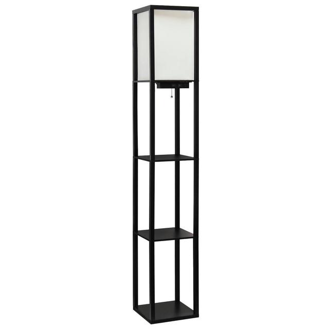 Floor Lamp Etagere Organizer Storage Shelf with 2 USB Charging Ports and Linen Shade Black - Simple Designs