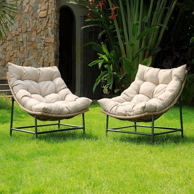 Idzo Caline Large Rattan Outdoor Papasan Chair Set of 2, Premium Olefin Thick Cushion, Upgraded 2000Hrs UV Resistant Wicker, 500lbs Capacity Patio Scoop Design, 2 Pcs, Alabasteur