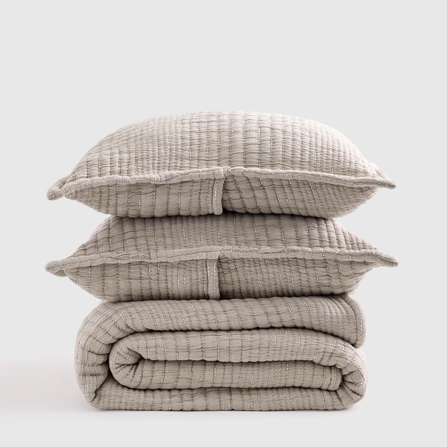 Organic Cotton Channel Stitch Coverlet Set - Taupe, King/Cal King