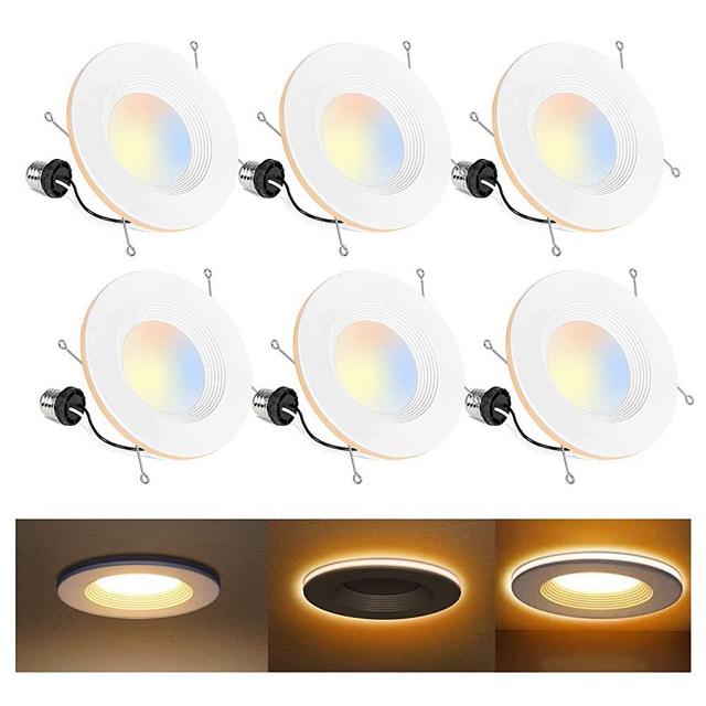 6 Pack 5/6 Inch 5CCT LED Can Lights with Night Light, CRI90, 1100lm, 15W=100W, Baffle Trim, 2700K/3000K/3500K/4000K/5000K Selectable, Dimmable, Damp Rated Retrofit Recessed Lighting, Install in Can