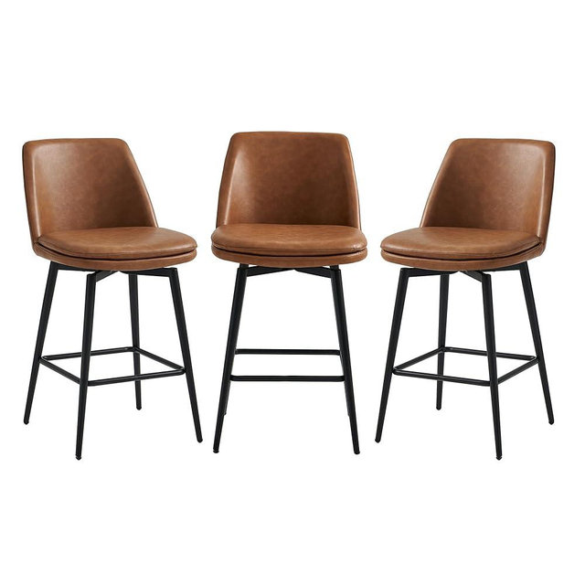 CHITA Counter Height Swivel Barstools, Upholstered Faux Leather Bar Stools Set of 3, Metal Base, 27.2" Seat Height, Saddle Brown