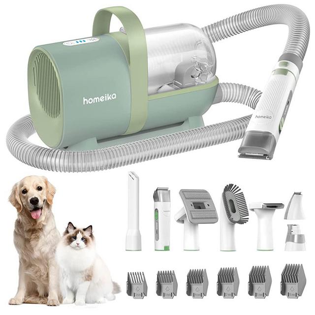 Homeika Dog Grooming Kit & Vacuum Suction 99% Pet Hair, Pet Hair Vacuum with 8 Pet Grooming Tools, 6 Nozzles, Deshedding/Grooming/Nail Grinder/Paw Trimmer/Clipper for Dogs Cats, Storage Bag,1.5L,Green