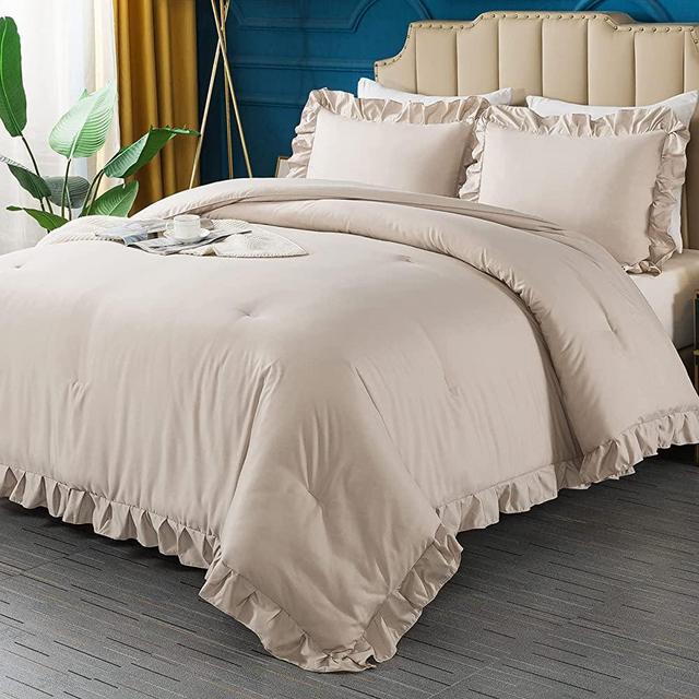 Andency Khaki Ruffled Comforter King(104x90Inch), 3 Pieces(1 Ruffle Comforter and 2 Pillowcases) Farmhouse Shabby Chic Comforter, Vintage Rustic Soft Microfiber Down Alternative Bedding Comforter Set