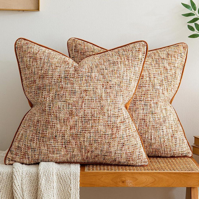 a moment Rust Orange Reversible Pillow Covers 2 Pack - Farmhouse Chenille Velvet Throw Pillows, Neutral Textured Decorative Throw Pillow Covers with Border for Couch Sofa Bed (22x22 Inch, No Insert)
