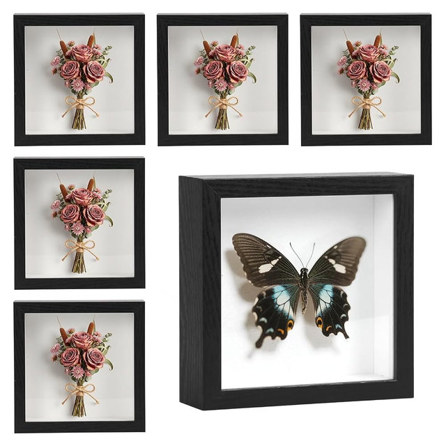 6 Pcs Shadow Box Frame - 5x5 Square Frame Display Case for Sports Memorabilia & Wedding Keepsakes - Wall Mountable Display Box for Medals, Photos, Dried Flowers (Black)