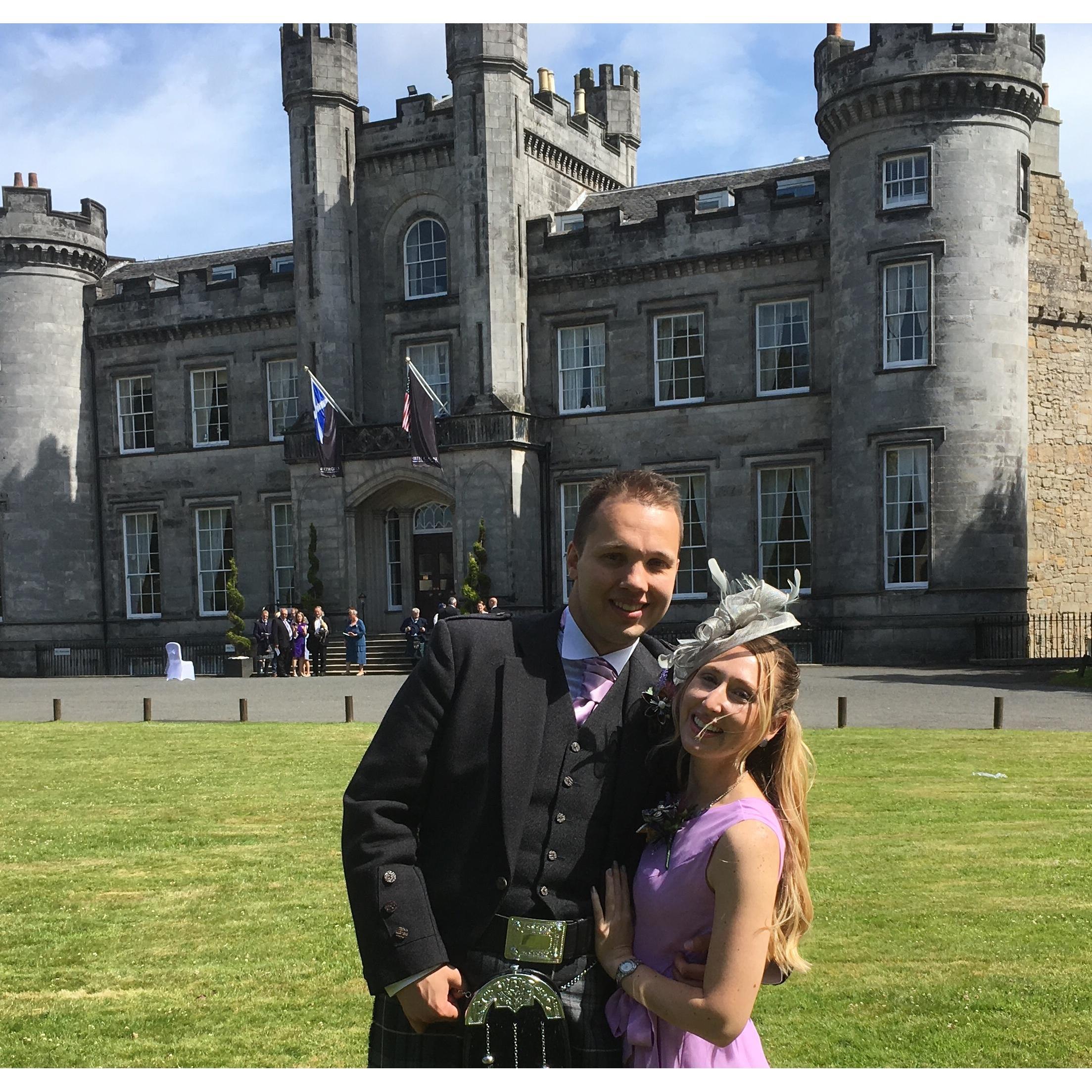 Posing in front of Airth Castle in Scotland at Traci and Allan's wedding in 2018.