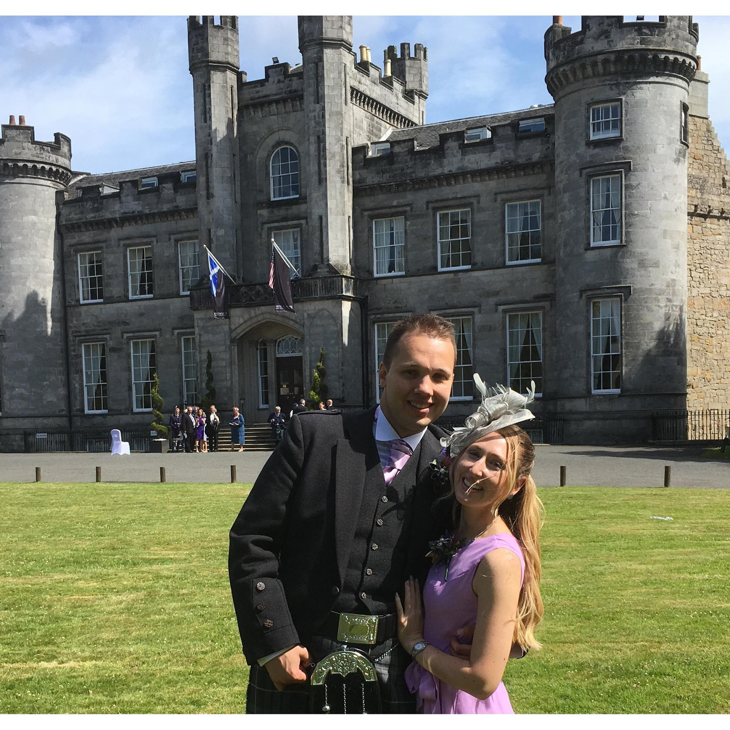 Posing in front of Airth Castle in Scotland at Traci and Allan's wedding in 2018.