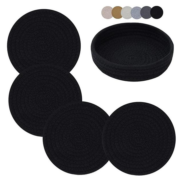 Pot Holders Trivets Set 4 Pcs and Kitchen Storage Basket 1 Pack, Cotton Trivet Mat 7 Inchs for Hot Pots and Pans, Potholders for Hot Dishes, Table Countertop Protector Hot Pads Heat Resistant (Black)