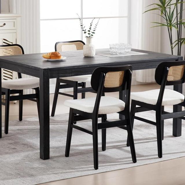 CIMOTA Black Rattan Dining Chairs Set of 4 Farmhouse Mid Century Modern Dining Room Chairs with Cane Back Wooden Kitchen Chairs for Dining Room Upholstered Boucle Side Chair, Sherpa Beige