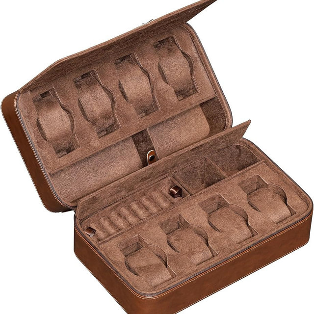 ROTHWELL 8 Watch Travel Case Storage Organizer for 8 Watches, Sunglasses, Rings & Cufflinks |Tough Portable Protection with Zipper Fits Most Wristwatches & Smart Watches Up to 50mm (Tan/Brown)