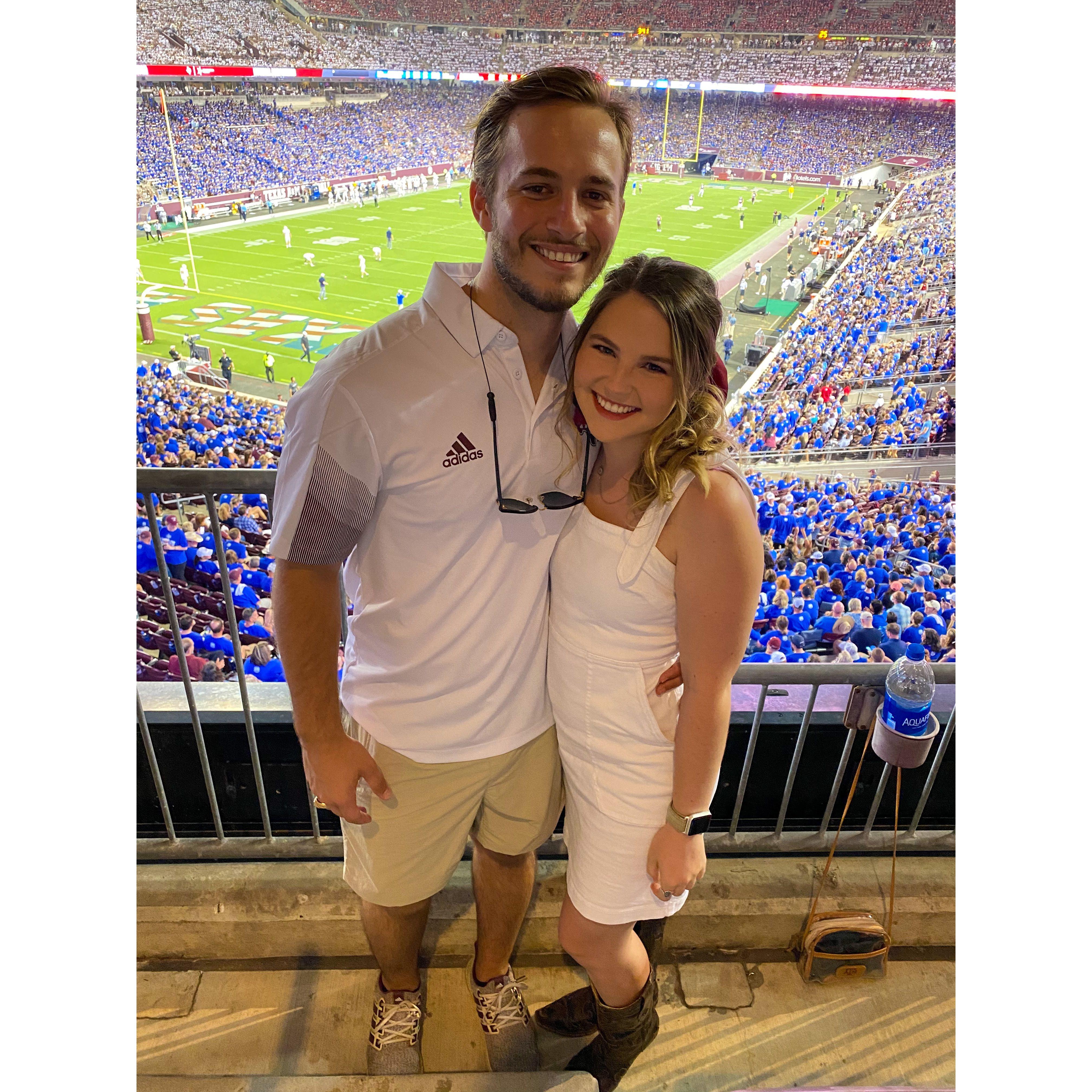 Our first Aggie football game together - red, white, and blue Stand for America game