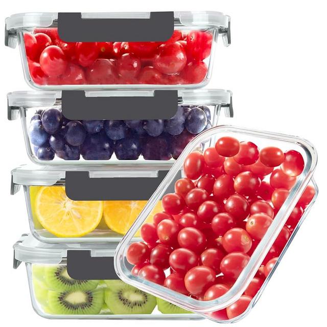BAYZZ Glass Food Storage Containers, 5 Pack 35 Oz Glass Meal Prep Containers, Lunch Boxes with Airtight BPA-Free Lids, Microwave, Freezer and Dishwasher Safe