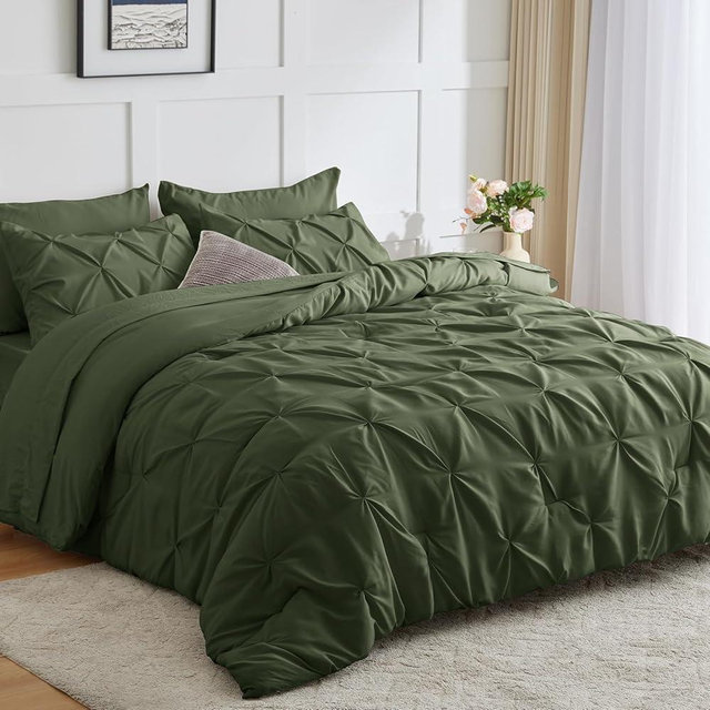 CozyLux Queen Comforter Set - 7 Pieces Bed in a Bag Olive Green, Pintuck Comforters Pinch Pleat Bedding Sets with All Season Comforter, Flat Sheet, Fitted Sheet and Pillowcases & Shams