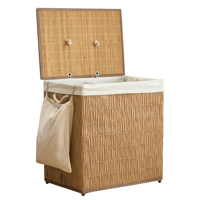 Laundry Hamper with Lid, 39.6 Gallon(150L) Large Laundry Basket 2 Removable Liner Bags, Synthetic Rattan Clothes Hamper with Side Pocket, laundry organization for bathroom, laundry room, Natural
