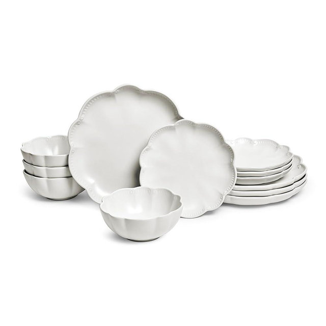 Sango Bethany 12-Piece Stoneware Dinnerware Set – Service for 4, Elegant White with Scallop Design, Perfect for Everyday Dining & Entertainment, Microwave & Dishwasher Safe