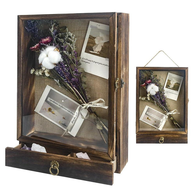 Hodeframe Wedding Shadow Box Frame with Drawer, 2.6" Deep Shadow Box Display Case with Real Glass, Wooden Memory Box for Pictures, Memorial, Medals, Flowers, Wedding Bouquet for Wall or Tabletop Brown