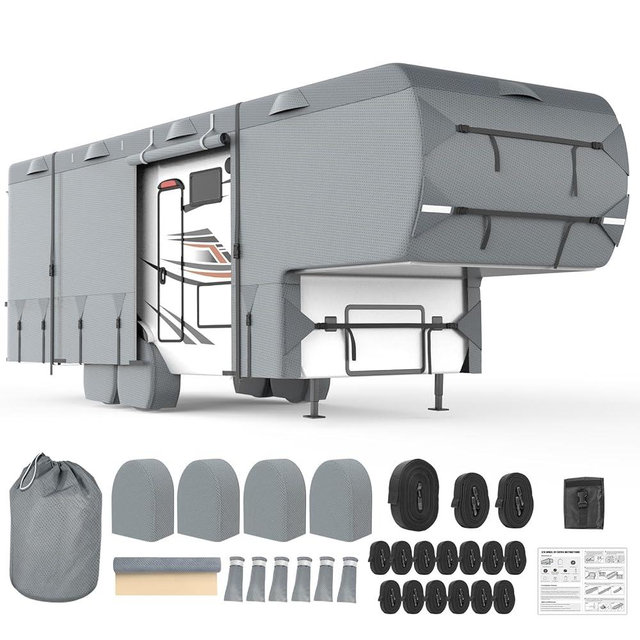 Mofeez 5th Wheel RV Cover 41-45ft, 7 Layers Top Extra-Thick Fifth Wheel Cover, Waterproof Windproof Anti-UV Rip-Stop Toy Hauler Camper Cover with 3Pcs Extra Straps, 6 Gutter Covers & 4 Tire Covers