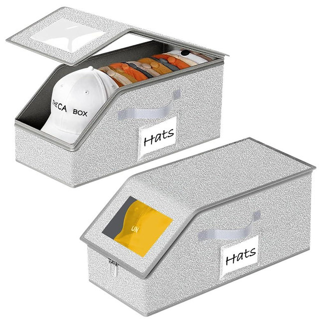 JIDSPWLS Hat Organizer for Baseball Caps 2PCS Stackable Storage with Clear Window Lid, Flip-Top Access, Space-Saving Hat Box for Closet, Breathable Fabric (Grey)