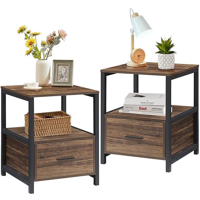 VECELO Nightstand Set of 2, Modern Square Side End Table, Night Stands with Drawer and Storage Shelf for Bedroom, Living Room, Study Metal Frame, 2 Pack, Brown