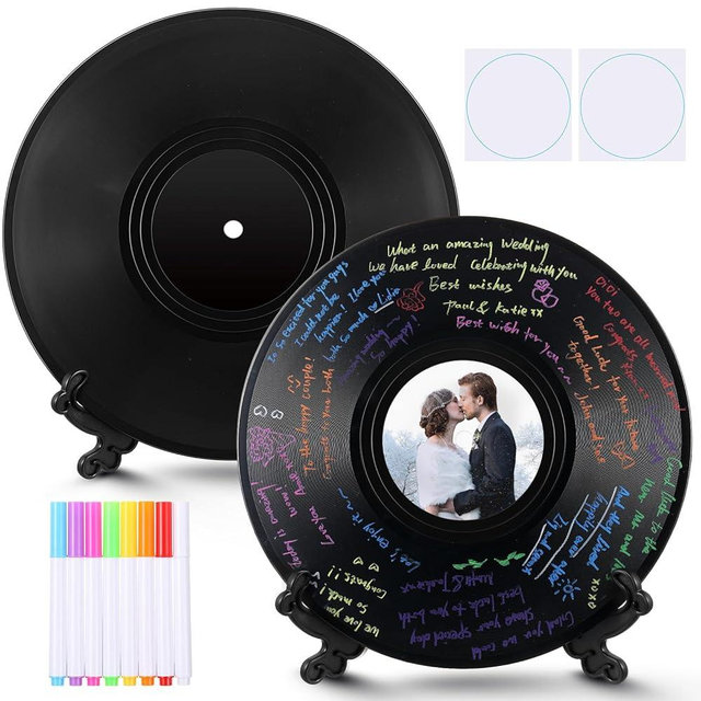 Relaxweex 2 Sets Vinyl Wedding Record Guestbooks Alternative 12 Inch DIY Alternative Signature Record Guestbooks with Holders Stickers 8 Color Pens for Wedding Birthday Back to School DIY Party Gifts