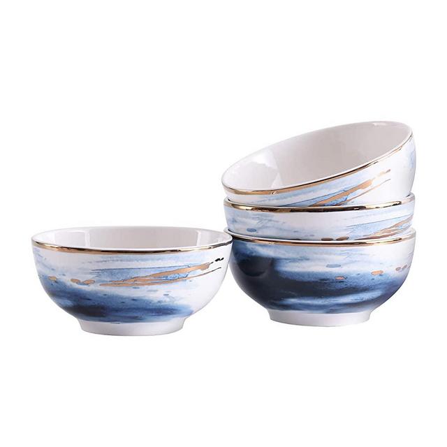 Bico Watercolor Marble Gold Navy Blue Porcelain Bowls Set of 4, for Pasta, Salad, Cereal, Soup & Microwave & Handwash Suggested
