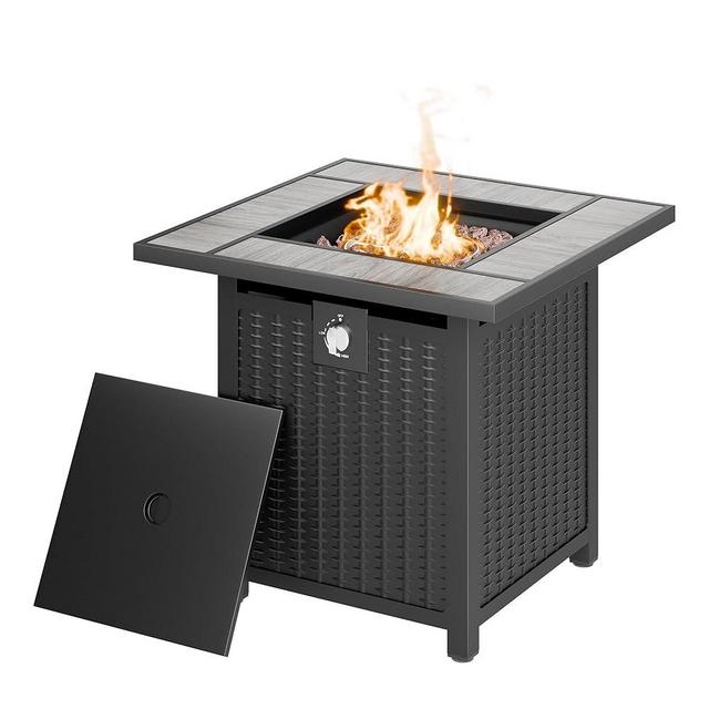 Shintenchi 28 Inch Propane Fire Pit Table Outdoor 50,000 BTU Steel Gas Fire Pit with Lid and Lava Rock, Outside Furniture with Waterproof Cover and Rattan Pattern for Patio, Backyard, Party