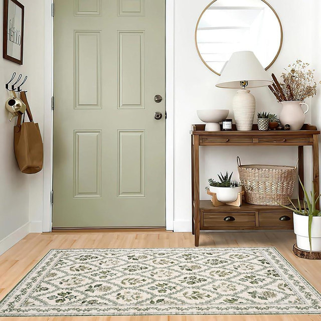 Green Kitchen Rugs 3x5 Olive Dark Green and Beige Cream Floral Area Rug Soft Washable Farmhouse Floral Non-Slip Vintage Boho Carpet for Dorms, Bedroom, Office, Dining Room Door Mat 3x5