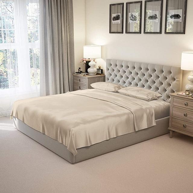 Mulberry Park 100% Pure King Silk Sheet Set 4 Pcs 22 Momme 6A Mulberry Silk Bed Sheets with 15" Deep Pocket - Breathable, Ultra-Soft, Oeko-TEX Certified, Seamless - Sand