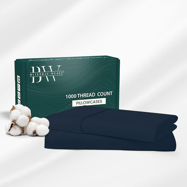 BlissBay Weave 100% Egyptian Cotton Pillow Cases Standard/Queen Size Set of 2, 1000 Thread Count Pillow Covers Sateen Weave Soft Luxury Wrinkle Resistant Envelope Closure | 30" L x 20" W | Navy