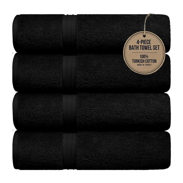 Cotoniche 100% Cotton Bath Towels - Luxury & Absorbent - Large (28" x 56") Cozy - Versatile, Perfect as Bath Sheets, Hotel Towel - Black (Set of 4)