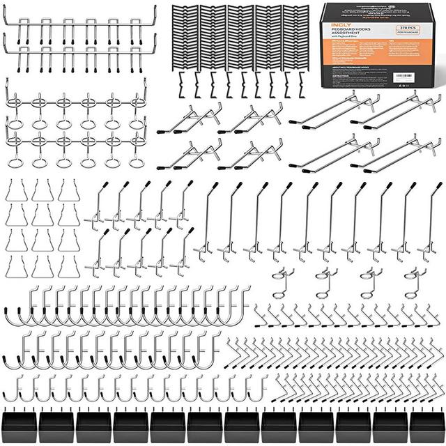 INCLY 278PCS Pegboard Accessories Organizer Kit, Peg Board Hooks Set with Bins for Organizing Various Tools, 1/8 and 1/4 inch Pegboard Hooks Assortment for Hanging Storage,Garage Wall Attachments