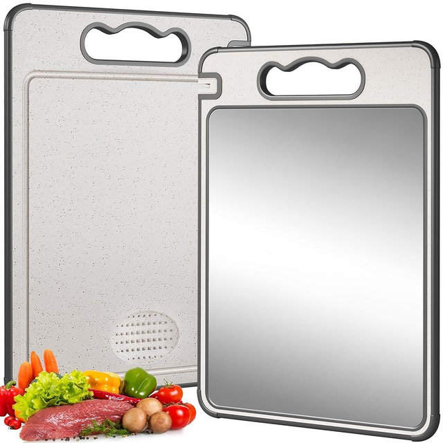 Double Sided Titanium & Wheat Straw Cutting Board, 14.4"*9.8" Non Toxic Lightweight Chopping Board, Separately Handle Meat and Vegetables, Dishwasher Safe